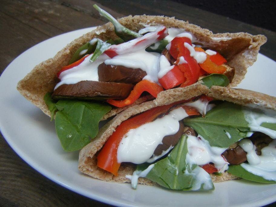 Pita Sandwiches with Eggplant, Peppers, Tomatoes and Cucumber